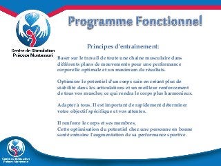 Principes d'entraînement: 
Baser sur le travail de toute une chaîne musculaire dans 
différents plans de mouvements pour u...