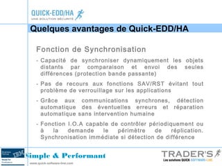 Quelques avantages de Quick-EDD/HA 
Fonction de Synchronisation 
- Capacité de synchroniser dynamiquement les objets 
distants par comparaison et envoi des seules 
différences (protection bande passante) 
- Pas de recours aux fonctions SAV/RST évitant tout 
problème de verrouillage sur les applications 
- Grâce aux communications synchrones, détection 
automatique des éventuelles erreurs et réparation 
automatique sans intervention humaine 
- Fonction I.O.A capable de contrôler périodiquement ou 
à la demande le périmètre de réplication. 
Synchronisation immédiate si détection de différence 
Simple & Performant 
www.quick-software-line.com 
 