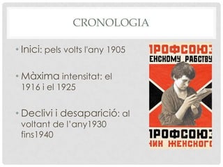 CRONOLOGIA

• Inici: pels volts l'any 1905

• Màxima intensitat: el
 1916 i el 1925


• Declivi i desaparició: al
 voltant de l’any1930
 fins1940
 