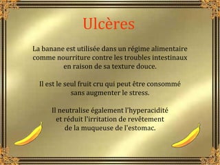 Ulcères
La banane est utilisée dans un régime alimentaire
comme nourriture contre les troubles intestinaux
en raison de sa...