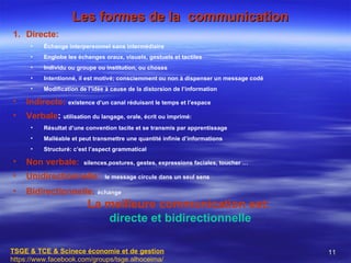Les formes de la communication
1. Directe:
      •   Échange interpersonnel sans intermédiaire
      •   Englobe les échanges oraux, visuels, gestuels et tactiles
      •   Individu ou groupe ou institution, ou choses
      •   Intentionné, il est motivé; consciemment ou non à dispenser un message codé
      •   Modification de l’idée à cause de la distorsion de l’information

•   Indirecte: existence d’un canal réduisant le temps et l’espace
•   Verbale: utilisation du langage, orale, écrit ou imprimé:
      •   Résultat d’une convention tacite et se transmis par apprentissage
      •   Malléable et peut transmettre une quantité infinie d’informations
      •   Structuré: c’est l’aspect grammatical

•   Non verbale:        silences,postures, gestes, expressions faciales, toucher …

•   Unidirectionnelle:          le message circule dans un seul sens

•   Bidirectionnelle: échange
                          La meilleure communication est:
                             directe et bidirectionnelle

TSGE & TCE & Scinece économie et de gestion                                             11
https://www.facebook.com/groups/tsge.alhoceima/
 