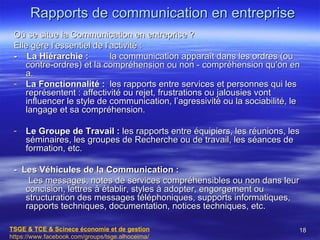 Rapports de communication en entreprise
 Où se situe la Communication en entreprise ?
 Elle gère l’essentiel de l’activité :
 - La Hiérarchie :          la communication apparaît dans les ordres (ou
    contre-ordres) et la compréhension ou non - compréhension qu’on en
    a.
 - La Fonctionnalité : les rapports entre services et personnes qui les
    représentent : affectivité ou rejet, frustrations ou jalousies vont
    influencer le style de communication, l’agressivité ou la sociabilité, le
    langage et sa compréhension.

 -   Le Groupe de Travail : les rapports entre équipiers, les réunions, les
     séminaires, les groupes de Recherche ou de travail, les séances de
     formation, etc.

 - Les Véhicules de la Communication :
     Les messages, notes de services compréhensibles ou non dans leur
    concision, lettres à établir, styles à adopter, engorgement ou
    structuration des messages téléphoniques, supports informatiques,
    rapports techniques, documentation, notices techniques, etc.

TSGE & TCE & Scinece économie et de gestion                                 18
https://www.facebook.com/groups/tsge.alhoceima/
 