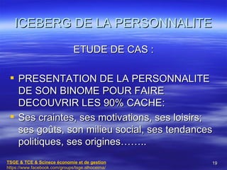 ICEBERG DE LA PERSONNALITE

                               ETUDE DE CAS :

  PRESENTATION DE LA PERSONNALITE
   DE SON BINOME POUR FAIRE
   DECOUVRIR LES 90% CACHE:
  Ses craintes, ses motivations, ses loisirs;
   ses goûts, son milieu social, ses tendances
   politiques, ses origines……..
TSGE & TCE & Scinece économie et de gestion       19
https://www.facebook.com/groups/tsge.alhoceima/
 