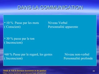 DANS LA COMMUNICATION

 • 10 % Passe par les mots                        Niveau Verbal
 ( Conscient)                                     Personnalité apparente


 • 30 % passe par le ton
 ( Inconscient)


 •60 % Passe par le regard, les gestes                        Niveau non-verbal
 ( Inconscient)                                              Personnalité profonde


TSGE & TCE & Scinece économie et de gestion                                      39
https://www.facebook.com/groups/tsge.alhoceima/
 