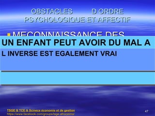 OBSTACLES    D ORDRE
            PSYCHOLOGIQUE ET AFFECTIF

  MECONNAISSANCE DES
UN ENFANT PEUT AVOIR DU MAL A
   PROBLEMES MUTUELS
COMPRENDRE LES PROBLEMES
L INVERSE EST EGALEMENT VRAI
DE SES PARENTS




 TSGE & TCE & Scinece économie et de gestion       47
 https://www.facebook.com/groups/tsge.alhoceima/
 