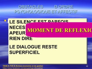 OBSTACLES    D ORDRE
             PSYCHOLOGIQUE ET AFFECTIF

  PEUR DU SILENCE
    LE SILENCE EST PARFOIS
       NECESSAIRE. MAIS SI ON
              MOMENTPOUR NE
       APEUR, ON PARLE
                        DE REFLEXIO
       RIEN DIRE
       LE DIALOGUE RESTE
       SUPERFICIEL

TSGE & TCE & Scinece économie et de gestion       49
https://www.facebook.com/groups/tsge.alhoceima/
 