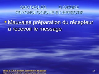OBSTACLES    D ORDRE
             PSYCHOLOGIQUE ET AFFECTIF

  Mauvaise préparation du récepteur
   ä recevoir le message




TSGE & TCE & Scinece économie et de gestion       52
https://www.facebook.com/groups/tsge.alhoceima/
 