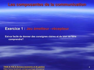 Les composantes de la communication




 Exercice 1 : Jeu émetteur –récepteur

 Est-ce facile de donner des consignes claires et de bien se faire
    comprendre?




TSGE & TCE & Scinece économie et de gestion                          8
https://www.facebook.com/groups/tsge.alhoceima/
 