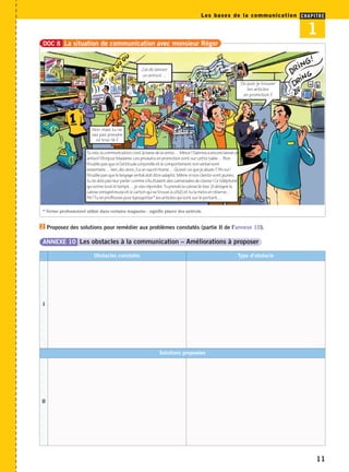 11 
J’ai dû laisser 
un antivol… 
Non, mais tu ne 
vas pas prendre 
ce truc-là ? 
Proposez des solutions pour remédier aux problèmes constatés (partie II de l’annexe 10). 
2 
ANNEXE 10 Les obstacles à la communication – Améliorations à proposer 
Obstacles constatés Type d’obstacle 
I 
Solutions proposées 
II 
Les bases de la communication CHAPITRE 
1 
DOC 8 La situation de communication avec monsieur Régor 
* Terme professionnel utilisé dans certains magasins : signifie placer des antivols. 
Où puis-je trouver 
les articles 
en promotion ? 
Tu vois, la communication c’est la base de la vente… Mince ! Sabrina a encore laissé un 
antivol ! Bonjour Madame. Les produits en promotion sont sur cette table… Bon. 
N’oublie pas que si l’attitude corporelle et le comportement non verbal sont 
essentiels… ben, dis-donc, il a un sacré rhume… Qu’est-ce que je disais ? Ah oui ! 
N’oublie pas que le langage verbal doit être adapté. Même si nos clients sont jeunes, 
tu ne dois pas leur parler comme s’ils étaient des camarades de classe ! Ce téléphone 
qui sonne tout le temps… je vais répondre. Tu prends la caisse là-bas (il désigne la 
caisse enregistreuse et le carton qui se trouve à côté) et tu la mets en réserve… 
Ah ! Tu en profiteras pour kgnogotter* les articles qui sont sur le portant… 
 