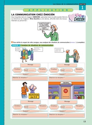 Les bases de la communication CHAPITRE 
1 
13 
A P P L I C A T I O N 
LA COMMUNICATION CHEZ ÉMOCIÓN 
Vous travaillez dans le magasin EMOCIÓN, spécialisé dans le prêt-à-porter féminin. 
La directrice du magasin, Mme Aourélia a une devise, affichée dans les locaux 
réservés au personnel : 
Pour vérifier le respect de cette consigne, vous analysez des situations de communication (annexe 1 1 à compléter). 
ANNEXE 1 L’analyse de situations de communication 
Oui, regardez ! 
Nous l’avons 
aussi en rose pâle… 
Vous l’avez 
dans un autre 
coloris ? 
Ce foulard est 
parfait. Qu’en 
pensez-vous ? 
Récepteur 
............ 
Récepteur 
............ 
Message 
........................................ 
Émetteur 
............ Canal ............ 
Support ? .................... 
Message 
........................................ 
Émetteur 
............ Canal ............ 
Support ? .................... 
Réaction du récepteur ? ........................................... 
............................................................................ 
Récepteur 
............ 
Récepteur 
............ 
Message 
........................................ 
Émetteur 
............ Canal ............ 
Support ? .................... 
Message 
........................................ 
Émetteur 
............ Canal ............ 
Support ? .................... 
Réaction du récepteur ? ........................................... 
............................................................................ 
Réaction du récepteur ? ........................................... 
............................................................................ 
Réaction du récepteur ? ........................................... 
............................................................................ 
 