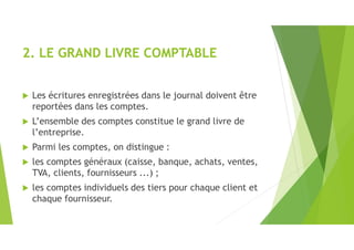 2. LE GRAND LIVRE COMPTABLE
 Les écritures enregistrées dans le journal doivent être
reportées dans les comptes.
 L’ensemble des comptes constitue le grand livre de
l’entreprise.
 Parmi les comptes, on distingue :
 les comptes généraux (caisse, banque, achats, ventes,
TVA, clients, fournisseurs ...) ;
 les comptes individuels des tiers pour chaque client et
chaque fournisseur.
 