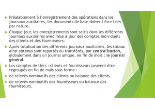  Préalablement à l’enregistrement des opérations dans les
journaux auxiliaires, les documents de base doivent être triés
par nature.
 Chaque jour, les enregistrements sont saisis dans les différents
journaux auxiliaires avec mise à jour des comptes individuels
des clients et des fournisseurs.
 Après totalisation des différents journaux auxiliaires, les totaux
ainsi obtenus sont reportés ou transférés, par centralisation,
globalement dans un journal unique, en fin de mois : le journal
général.
 Les comptes de tiers : clients et fournisseurs peuvent être
regroupés en fin de mois sous forme :
 de relevés nominatifs des clients ou balance des clients
 de relevés nominatifs des fournisseurs ou balance des
fournisseurs.
 