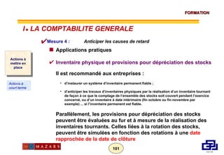 Mesure 4 :    Anticiper les causes de retard Applications pratiques Inventaire physique et provisions pour dépréciation des stocks Il est recommandé aux entreprises : d’instaurer un système d’inventaire permanent fiable ; d’anticiper les travaux d’inventaires physiques par la réalisation d’un inventaire tournant de façon à ce que le comptage de l’ensemble des stocks soit couvert pendant l’exercice concerné, ou d’un inventaire à date intérimaire (fin octobre ou fin novembre par exemple) ... si l’inventaire permanent est fiable. Parallèlement, les provisions pour dépréciation des stocks peuvent être évaluées au fur et à mesure de la réalisation des inventaires tournants. Celles liées à la rotation des stocks, peuvent être simulées en fonction des rotations à une  date rapprochée de la date de clôture Actions à mettre en place Actions à court terme I      LA COMPTABILITE GENERALE 