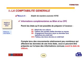Informations complémentaires au Bilan et au CPC Parmi les états qu’il est possible de préparer à l’avance : B1  - Détail des non valeurs  B8  - Tableau des sûretés réelles données ou reçues. B9  -  Engagement financiers reçus ou données hors    opérations de crédit bail B10 - Tableau des biens donnés en crédit bail Compte tenu des mouvements relativement peu nombreux qui affectent les données de ces trois états, ceux-ci peuvent être préparés sur la base des informations connues  avant la date de clôture . Mesure 9 :  Etablir de manière avancée   l’ETIC Actions à mettre en place Actions à court terme I      LA COMPTABILITE GENERALE 