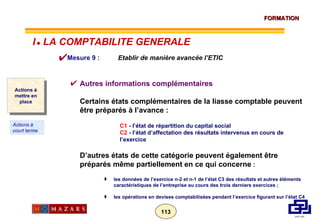 Autres informations complémentaires Certains états complémentaires de la liasse comptable peuvent être préparés à l’avance : C1  - l’état de répartition du capital social C2  - l’état d’affectation des résultats intervenus en cours de l’exercice D’autres états de cette catégorie peuvent également être préparés même partiellement en ce qui concerne   : les données de l’exercice n-2 et n-1 de l’état C3 des résultats et autres éléments caractéristiques de l’entreprise au cours des trois derniers exercices ; les opérations en devises comptabilisées pendant l’exercice figurant sur l’état   C4 Mesure 9 :  Etablir de manière avancée   l’ETIC Actions à mettre en place Actions à court terme I      LA COMPTABILITE GENERALE 
