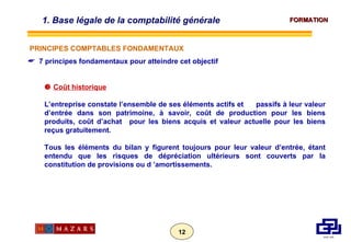 7 principes fondamentaux pour atteindre cet objectif    Coût historique L’entreprise constate l’ensemble de ses éléments actifs et  passifs à leur valeur d’entrée dans son patrimoine, à savoir, coût de production pour les biens produits, coût d’achat  pour les biens acquis et valeur actuelle pour les biens reçus gratuitement. Tous les éléments du bilan y figurent toujours pour leur valeur d’entrée, étant entendu que les risques de dépréciation ultérieurs sont couverts par la constitution de provisions ou d ’amortissements. 1. Base légale de la comptabilité générale  PRINCIPES COMPTABLES FONDAMENTAUX 