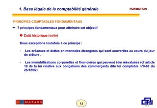 7 principes fondamentaux pour atteindre cet objectif    Coût historique  (suite) Deux exceptions toutefois à ce principe : Les créances et dettes en monnaies étrangères qui sont converties au cours du jour de clôture , Les immobilisations corporelles et financières qui peuvent être réévaluées (cf article 10 de la loi relative aux obligations des commerçants dite loi comptable n°9-88 du 25/12/92). 1. Base légale de la comptabilité générale  PRINCIPES COMPTABLES FONDAMENTAUX 