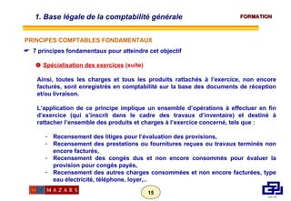7 principes fondamentaux pour atteindre cet objectif    Spécialisation des exercices  (suite) Ainsi, toutes les charges et tous les produits rattachés à l’exercice, non encore facturés, sont enregistrés en comptabilité sur la base des documents de réception et/ou livraison. L’application de ce principe implique un ensemble d’opérations à effectuer en fin d’exercice (qui s’inscrit dans le cadre des travaux d’inventaire) et destiné à rattacher l’ensemble des produits et charges à l’exercice concerné, tels que : Recensement des litiges pour l’évaluation des provisions, Recensement des prestations ou fournitures reçues ou travaux terminés non encore facturés, Recensement des congés dus et non encore consommés pour évaluer la provision pour congés payés, Recensement des autres charges consommées et non encore facturées, type eau électricité, téléphone, loyer,.. 1. Base légale de la comptabilité générale  PRINCIPES COMPTABLES FONDAMENTAUX 