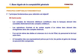 7 principes fondamentaux pour atteindre cet objectif    Clarté (suite) Les comptes de trésorerie débiteurs (créditeurs chez la banque) doivent être constatés distinctement des comptes créditeurs. Les opérations d’achats et de ventes auprès d ’un même tiers doivent être enregistrées dans des comptes distincts. Il en est de même des dettes et créances vis à vis de l’Etat, du personnel et de tout autre tiers. A l’exception des cas expressément prévus par la loi, les pertes et gains de change ne peuvent être compensés. 1. Base légale de la comptabilité générale  PRINCIPES COMPTABLES FONDAMENTAUX 