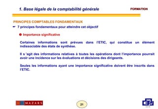 7 principes fondamentaux pour atteindre cet objectif    Importance significative Certaines informations sont prévues dans l’ETIC, qui constitue un élément indissociable des états de synthèse. Il s ’agit des informations relatives à toutes les opérations dont l’importance pourrait avoir une incidence sur les évaluations et décisions des dirigeants. Seules les informations ayant une importance significative doivent être inscrits dans l’ETIC.  1. Base légale de la comptabilité générale  PRINCIPES COMPTABLES FONDAMENTAUX 