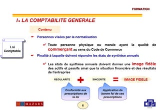 Application de bonne foi de ces prescriptions Conformité aux prescriptions de la loi Loi Comptable Contenu Personnes visées par la normalisation Toute personne physique ou morale ayant la qualité de  commerçant  au sens du Code de Commerce Finalité à laquelle doivent répondre les états de synthèse annuels Les états de synthèse annuels doivent donner une  image fidèle  des actifs et passifs ainsi que la situation financière et des résultats de l’entreprise REGULARITE SINCERITE IMAGE FIDELE I      LA COMPTABILITE GENERALE 