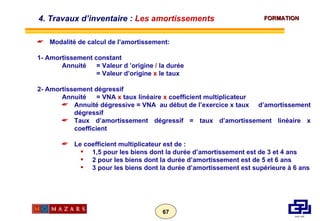 Modalité de calcul de l’amortissement: 1- Amortissement constant Annuité  = Valeur d ’origine  /  la durée = Valeur d’origine  x  le taux 2- Amortissement dégressif Annuité  = VNA  x  taux linéaire  x  coefficient multiplicateur Annuité dégressive = VNA  au début de l’exercice x taux  d’amortissement dégressif Taux d’amortissement dégressif = taux d’amortissement linéaire x coefficient Le coefficient multiplicateur est de : 1,5 pour les biens dont la durée d’amortissement est de 3 et 4 ans 2 pour les biens dont la durée d’amortissement est de 5 et 6 ans 3 pour les biens dont la durée d’amortissement est supérieure à 6 ans 4. Travaux d’inventaire :  Les amortissements 