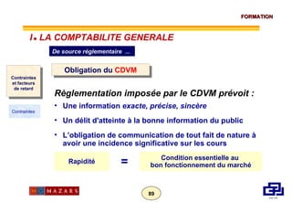 De source réglementaire  ... Obligation du  CDVM Règlementation imposée par le CDVM prévoit : Une information  exacte, précise, sincère   Un délit d'atteinte à la bonne information du public L’obligation de communication de tout fait de nature à avoir une incidence significative sur les cours Rapidité = Condition essentielle au  bon fonctionnement du marché Contraintes et facteurs de retard Contraintes I      LA COMPTABILITE GENERALE 
