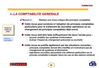 Mesure 3 :    Réaliser une revue critique des principes comptables Cette revue peut conduire à l’adoption de principes comptables particuliers pour le traitement de nouvelles opérations ou au changement de principes comptables déjà suivis Cette revue doit être faite suffisamment tôt dans l’année pour : pouvoir modifier les systèmes d’information évaluer l’impact du changement préconisé ou souhaité Cette revue se justifie également par les situations suivantes : principes comptables devant être modifiés et n’entraînant pas de changement de systèmes d’information opérations nouvelles nécessitant une réflexion particulière sur le principe comptable à adopter (dans les cas où des options existent) Actions à mettre en place Actions à court terme I      LA COMPTABILITE GENERALE 
