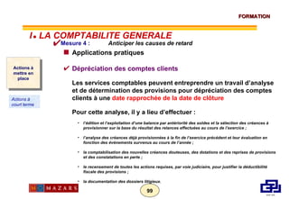Mesure 4 :    Anticiper les causes de retard Applications pratiques Dépréciation des comptes clients Les services comptables peuvent entreprendre un travail d’analyse et de détermination des provisions pour dépréciation des comptes clients à une  date rapprochée de la date de clôture Pour cette analyse, il y a lieu d’effectuer : l’édition et l’exploitation d’une balance par antériorité des soldes et la sélection des créances à provisionner sur la base du résultat des relances effectuées au cours de l’exercice ; l’analyse des créances déjà provisionnées à la fin de l’exercice précédent et leur évaluation en fonction des événements survenus au cours de l’année ; la comptabilisation des nouvelles créances douteuses, des dotations et des reprises de provisions et des constatations en perte ; le recensement de toutes les actions requises, par voie judiciaire, pour justifier la déductibilité fiscale des provisions ; la documentation des dossiers litigieux. Actions à mettre en place Actions à court terme I      LA COMPTABILITE GENERALE 