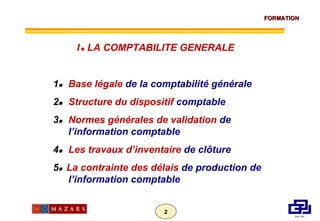 I      LA COMPTABILITE GENERALE <ul><ul><li>1  Base légale  de la comptabilité générale </li></ul></ul><ul><ul><li>2  S...