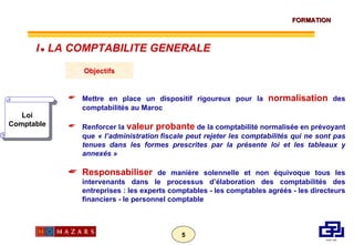 Loi Comptable Objectifs <ul><li>Mettre en place un dispositif rigoureux pour la  normalisation  des comptabilités au Maroc...