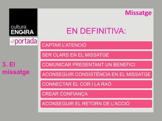 Com treballem el Posicionament?Cal vincular a una marcavalorsemocionals,tenir clar elfet diferencial + paraula clau i gestionar el seustorytellingde cares a saber comunicar per tal que sigui explicat, és a dir, gestionar converses2. El posicio-nament