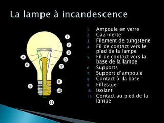 1. Ampoule en verre
2. Gaz inerte
3. Filament de tungstene
4. Fil de contact vers le
pied de la lampe
5. Fil de contact vers la
base de la lampe
6. Supports
7. Support d’ampoule
8. Contact à la base
9. Filletage
10. Isolant
11. Contact au pied de la
lampe
 
