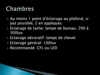  Au moins 1 point d’éclairage au plafond, si
pas possible; 2 en appliques
 Eclairage de tache: lampe de bureau; 200 à
300lux
 Eclairage décoratif: lampe de chevet
 Eclairage général: 100lux
 Recommandé: CFL ou LED
 