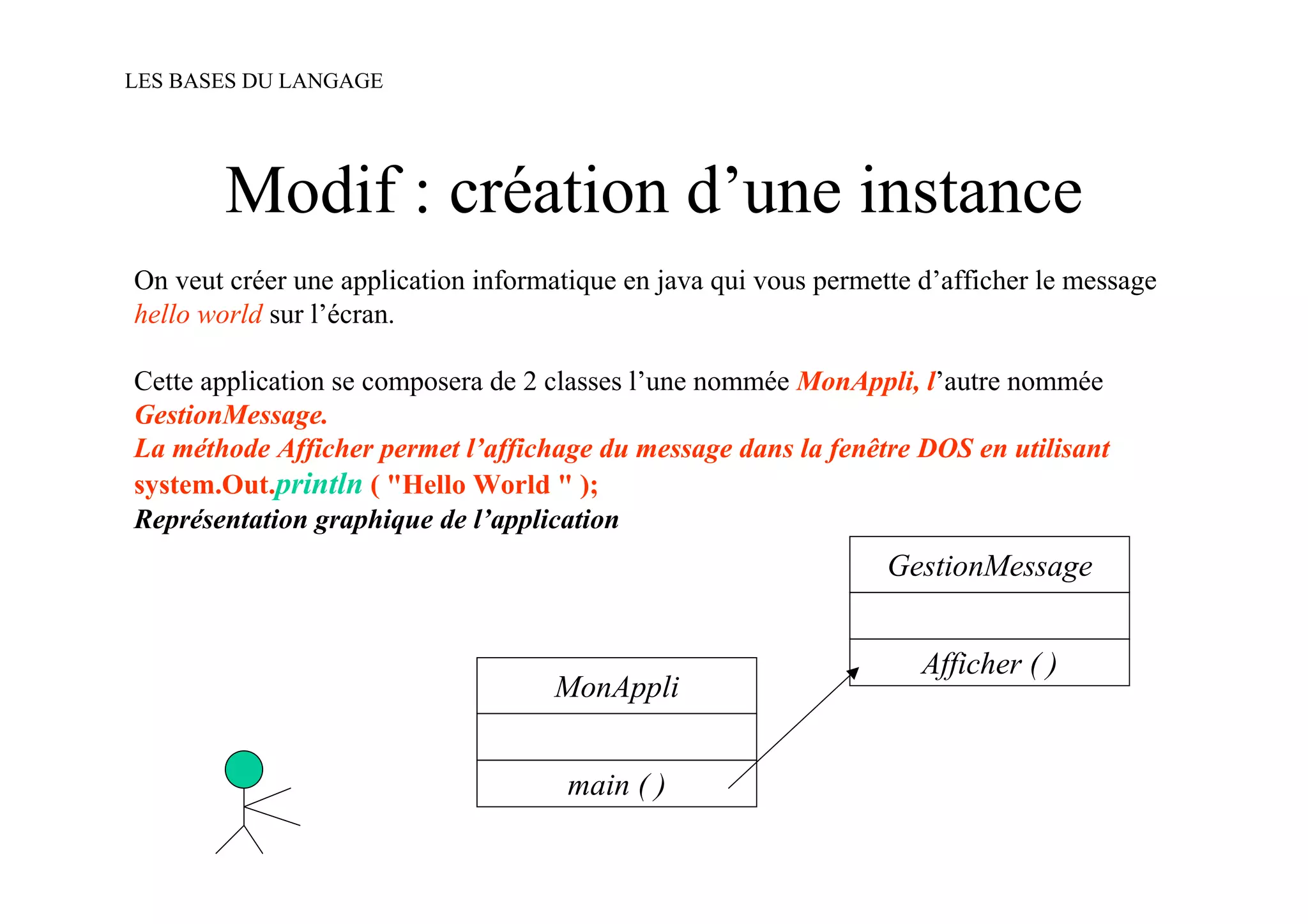 LES BASES DU LANGAGE




        Modif : création d’une instance
On veut créer une application informatique en java qui vous permette d’afficher le message
hello world sur l’écran.

Cette application se composera de 2 classes l’une nommée MonAppli, l’autre nommée
GestionMessage.
La méthode Afficher permet l’affichage du message dans la fenêtre DOS en utilisant
system.Out.println ( "Hello World " );
Représentation graphique de l’application
                                                                  GestionMessage


                                                                     Afficher ( )
                                     MonAppli


                                      main ( )
 
