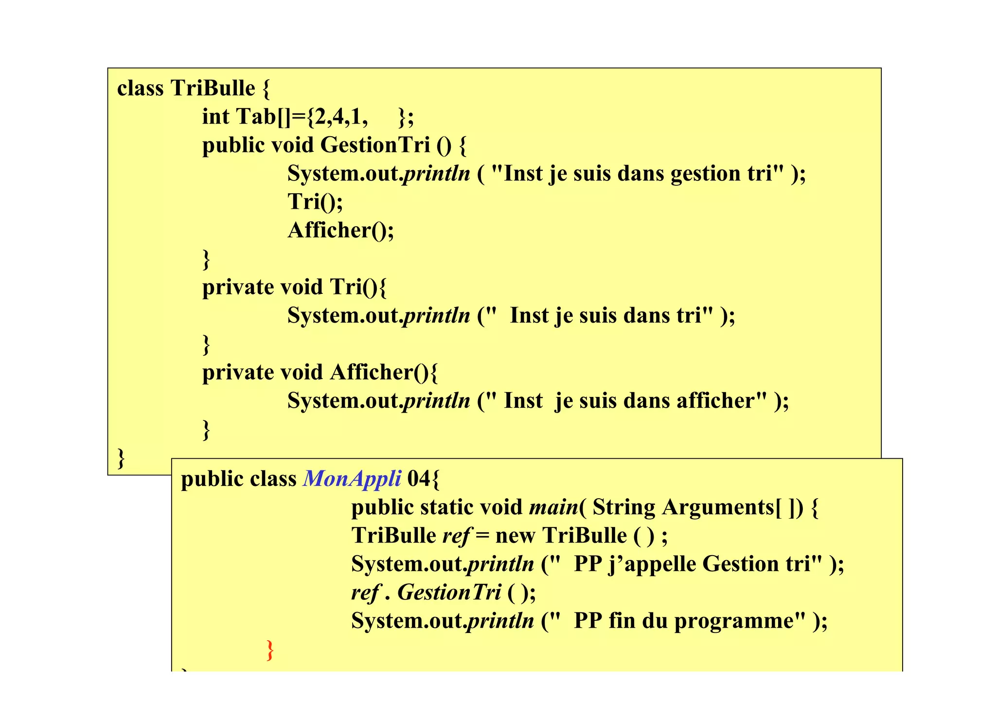 class TriBulle {
         int Tab[]={2,4,1, };
         public void GestionTri () {
                  System.out.println ( "Inst je suis dans gestion tri" );
                  Tri();
                  Afficher();
         }
         private void Tri(){
                  System.out.println (" Inst je suis dans tri" );
         }
         private void Afficher(){
                  System.out.println (" Inst je suis dans afficher" );
         }
}
       public class MonAppli 04{
                         public static void main( String Arguments[ ]) {
                         TriBulle ref = new TriBulle ( ) ;
                         System.out.println (" PP j’appelle Gestion tri" );
                         ref . GestionTri ( );
                         System.out.println (" PP fin du programme" );
                }
       }
 