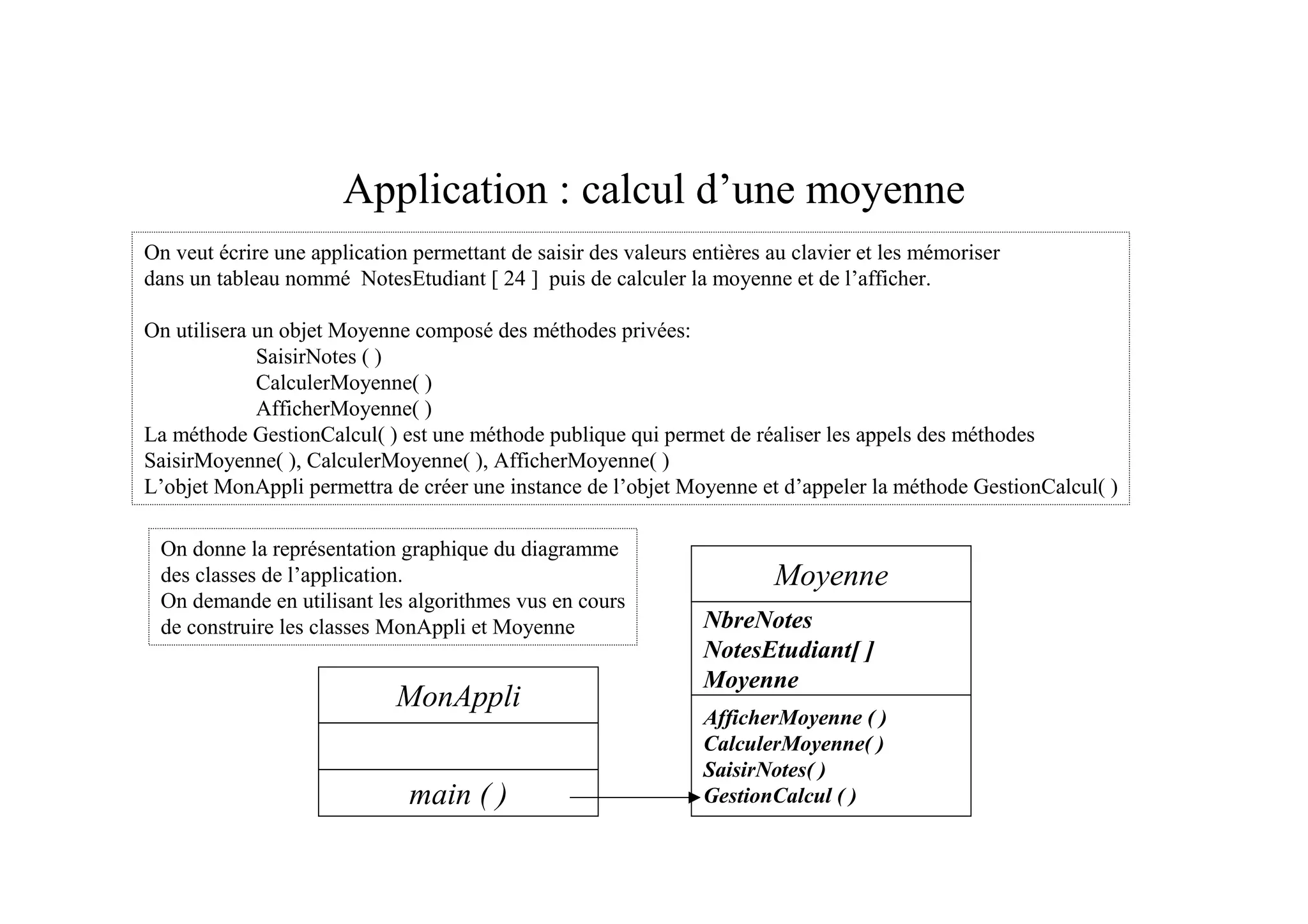 Application : calcul d’une moyenne
On veut écrire une application permettant de saisir des valeurs entières au clavier et les mémoriser
dans un tableau nommé NotesEtudiant [ 24 ] puis de calculer la moyenne et de l’afficher.

On utilisera un objet Moyenne composé des méthodes privées:
             SaisirNotes ( )
             CalculerMoyenne( )
             AfficherMoyenne( )
La méthode GestionCalcul( ) est une méthode publique qui permet de réaliser les appels des méthodes
SaisirMoyenne( ), CalculerMoyenne( ), AfficherMoyenne( )
L’objet MonAppli permettra de créer une instance de l’objet Moyenne et d’appeler la méthode GestionCalcul( )

 On donne la représentation graphique du diagramme
 des classes de l’application.                                           Moyenne
 On demande en utilisant les algorithmes vus en cours
 de construire les classes MonAppli et Moyenne                   NbreNotes
                                                                 NotesEtudiant[ ]
                                                                 Moyenne
                             MonAppli
                                                                 AfficherMoyenne ( )
                                                                 CalculerMoyenne( )
                                                                 SaisirNotes( )
                              main ( )                           GestionCalcul ( )
 