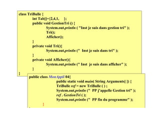 class TriBulle {
         int Tab[]={2,4,1, };
         public void GestionTri () {
                  System.out.println ( "Inst je suis dans gestion tri" );
                  Tri();
                  Afficher();
         }
         private void Tri(){
                  System.out.println (" Inst je suis dans tri" );
         }
         private void Afficher(){
                  System.out.println (" Inst je suis dans afficher" );
         }
}
       public class MonAppli 04{
                         public static void main( String Arguments[ ]) {
                         TriBulle ref = new TriBulle ( ) ;
                         System.out.println (" PP j’appelle Gestion tri" );
                         ref . GestionTri ( );
                         System.out.println (" PP fin du programme" );
                }
       }
 