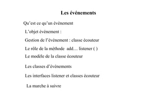 Les événements
Qu’est ce qu’un événement
L’objet événement :
Gestion de l’événement : classe écouteur
Le rôle de la méthode add… listener ( )
Le modèle de la classe écouteur

Les classes d’événements

Les interfaces listener et classes écouteur

 La marche à suivre
 