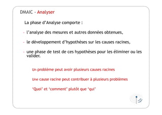 La phase d’Analyse comporte :
- l’analyse des mesures et autres données obtenues,
- le développement d’hypothéses sur les causes racines,
- une phase de test de ces hypothèses pour les éliminer ou les
valider.
Un problème peut avoir plusieurs causes racines
Une cause racine peut contribuer à plusieurs problèmes
‘Quoi’ et ‘comment’ plutôt que ‘qui’
DMAIC - Analyser
 