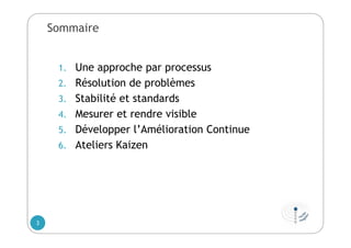 Sommaire
1. Une approche par processus
2. Résolution de problèmes
3. Stabilité et standards
4. Mesurer et rendre visible
5. Développer l’Amélioration Continue
6. Ateliers Kaizen
3
 