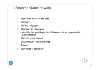 Démarche Standard Work
1. Identifier les activités clés
2. Prioriser
3. Définir l’équipe
4. Observer le processus
 Identifier les gaspillages, les différences, et les opportunités
d’amélioration
5. Obtenir le consensus
6. Documenter (visuellement)
7. Former
8. Surveiller / contrôler
33
 