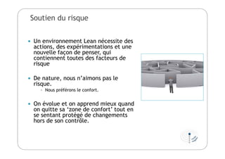 Soutien du risque
 Un environnement Lean nécessite des
actions, des expérimentations et une
nouvelle façon de penser, qui
contiennent toutes des facteurs de
risque
 De nature, nous n’aimons pas le
risque.
 Nous préférons le confort.
 On évolue et on apprend mieux quand
on quitte sa ‘zone de confort’ tout en
se sentant protégé de changements
hors de son contrôle.
 