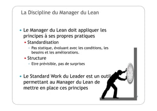 La Discipline du Manager du Lean
 Le Manager du Lean doit appliquer les
principes à ses propres pratiques
 Standardisation
 Pas statique, évoluant avec les conditions, les
besoins et les améliorations.
 Structure
 Etre prévisible, pas de surprises
 Le Standard Work du Leader est un outil
permettant au Manager du Lean de
mettre en place ces principes
 