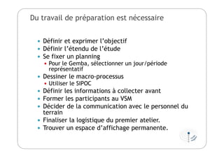 Du travail de préparation est nécessaire
 Définir et exprimer l’objectif
 Définir l’étendu de l’étude
 Se fixer un planning
 Pour le Gemba, sélectionner un jour/période
représentatif
 Dessiner le macro-processus
 Utiliser le SIPOC
 Définir les informations à collecter avant
 Former les participants au VSM
 Décider de la communication avec le personnel du
terrain
 Finaliser la logistique du premier atelier.
 Trouver un espace d’affichage permanente.
 