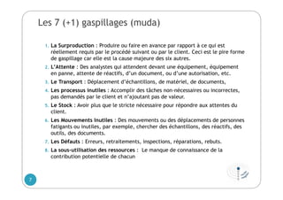 Les 7 (+1) gaspillages (muda)
1. La Surproduction : Produire ou faire en avance par rapport à ce qui est
réellement requis par le procédé suivant ou par le client. Ceci est le pire forme
de gaspillage car elle est la cause majeure des six autres.
2. L’Attente : Des analystes qui attendent devant une équipement, équipement
en panne, attente de réactifs, d’un document, ou d’une autorisation, etc.
3. Le Transport : Déplacement d’échantillons, de matériel, de documents,
4. Les processus inutiles : Accomplir des tâches non-nécessaires ou incorrectes,
pas demandés par le client et n’ajoutant pas de valeur.
5. Le Stock : Avoir plus que le stricte nécessaire pour répondre aux attentes du
client.
6. Les Mouvements Inutiles : Des mouvements ou des déplacements de personnes
fatigants ou inutiles, par exemple, chercher des échantillons, des réactifs, des
outils, des documents.
7. Les Défauts : Erreurs, retraitements, inspections, réparations, rebuts.
8. La sous-utilisation des ressources : Le manque de connaissance de la
contribution potentielle de chacun
7
 