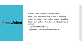 Inconvénient
 Schéma défini, attributs optionnels (NULL),
 les requêtes sont parfois très complexes (jointure),
 Utiliser des jointures pour agréger des données liées,
 Difficile pour la Mise à l'échelle horizontale (horizontal
scaling),
 Les jointure son couteuse,
 Un peut lent a cause des transaction ACID.
BDD NOSQL 11
 