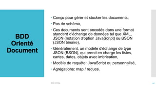 BDD
Orienté
Document
 Conçu pour gérer et stocker les documents,
 Pas de schéma,
 Ces documents sont encodés dans une format
standard d'échange de données tel que XML,
JSON (notation d'option JavaScript) ou BSON
(JSON binaire),
 Généralement, un modèle d’échange de type
JSON (BSON), qui prend en charge les listes,
cartes, dates, objets avec imbrication,
 Modèle de requête: JavaScript ou personnalisé,
 Agrégations: map / reduce.
BDD NOSQL 40
 