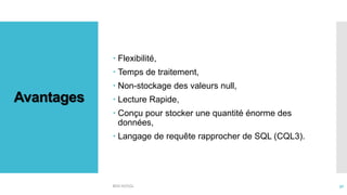 Avantages
 Flexibilité,
 Temps de traitement,
 Non-stockage des valeurs null,
 Lecture Rapide,
 Conçu pour stocker une quantité énorme des
données,
 Langage de requête rapprocher de SQL (CQL3).
BDD NOSQL 50
 