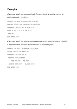 ;9

0          *         $                    ,
                     $   A

CREATE TRIGGER DIMINUTION_SALAIRE

BEFORE UPDATE OF SALAIRE ON EMPLOYE
REFERENCING OLD AS A NEW AS N

WHEN N.SALAIRE < A.SALAIRE
(ERROR)

FOR EACH ROW;

0          *         $                            ,            *
*               ,            *       *        (            A

CREATE TRIGGER INCREMENTER_NB_EMP

AFTER INSERT ON EMPLOYE
REFERENCING NEW AS E

(UPDATE DEPARTEMENT

      SET NB_EMP = NB_EMP + 1

    WHERE NUM_DEPT = E.NUM_DEPT)
FOR EACH ROW;




@A        5 "    $               "   c5 " "       "   '"           ((
 